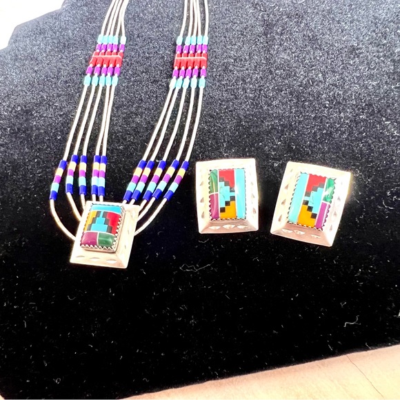 Southwest Style Necklace Earring Set Liquid Silver Semi-Precious Inlay Stones - Picture 4 of 16